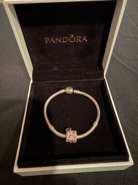 Pandora Sterling Silver Pink Enamel Present Gift Charm Bracelet + Box